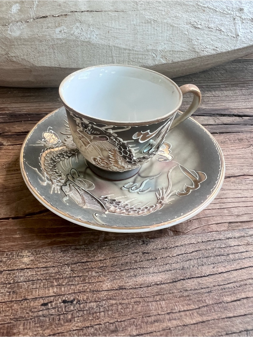 Vintage Moriage Raised Dragon Are Demitasse Cup & Saucer Japan Marked Gold Trim